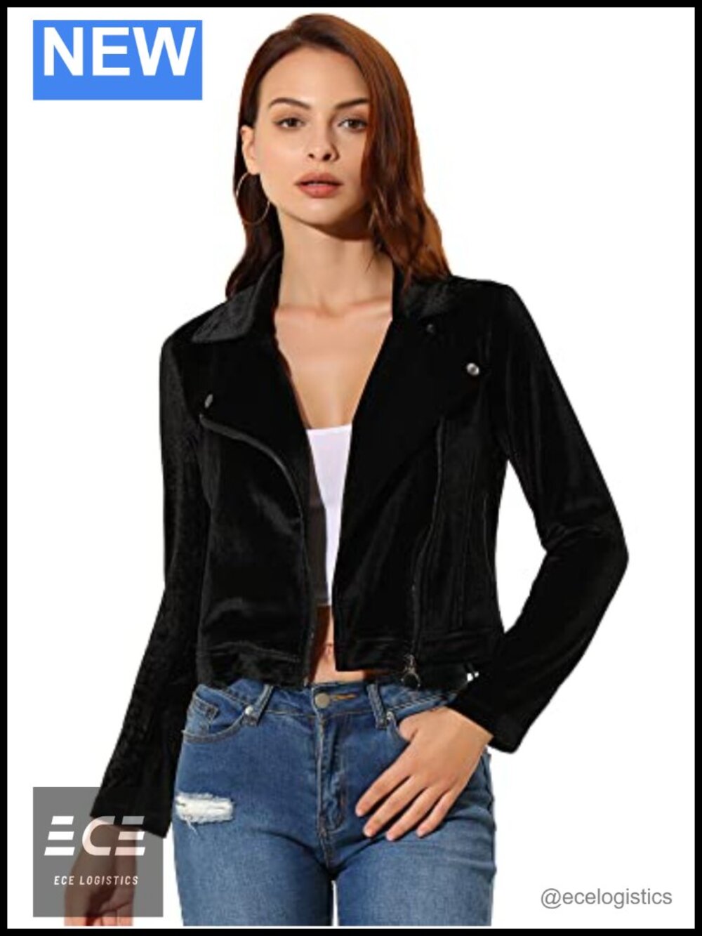 Allegra K Women's Velvet Moto Jacket Cropped Lapel Collar Winter Coat